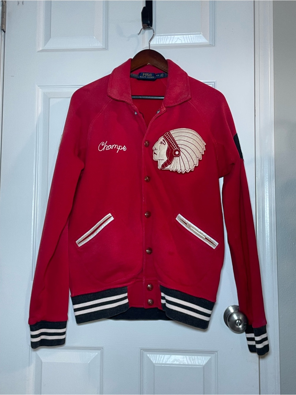 Vintage Men’s Polo Ralph Lauren Football Varsity Jacket Indian Head Champs M Red